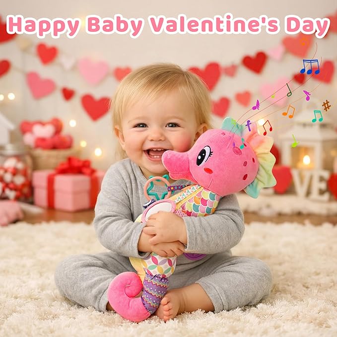 Baby Girl Toys 0-6 Months Musical Seahorse Stuffed Animal Tummy Time Toys for Infant 3-6 6-12 Months with Baby Mirror Sensory Newborn Crinkle Developmental Pink Toy Birthday Shower Gifts 0-3 4 5 Month