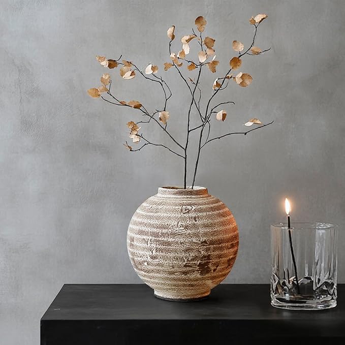 DIF DECO Ceramic Farmhouse Vase Rustic Decor,Pottery Decorative Flower Vases for Home Decor,Boho Vase for Table, Living Room,Bathroom,Shelf,Mantel Decoration,Light Brown (5.5 inch)