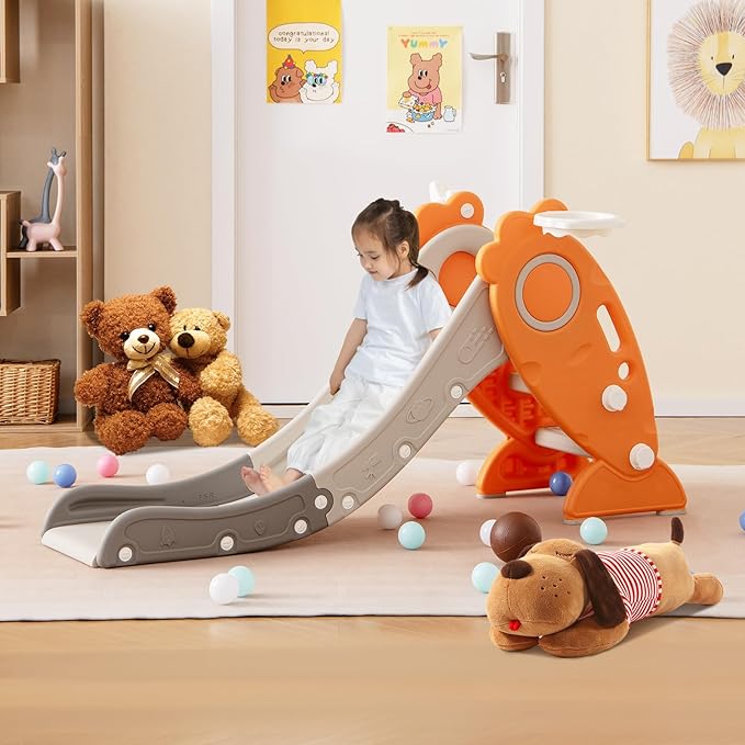 BABY JOY Toddler Slide for Kids, 4 in 1 Indoor Foldable Kids Slide w/Climber, Basketball Hoop & Ring Toss, Folding Climber Playset Baby Freestanding Playground