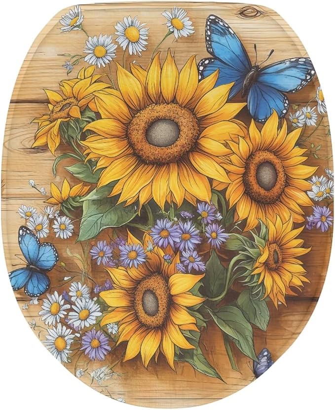 Sunflower Toilet Lid Cover Set with Elastic Band Blue Butterfly Toilet Seat Cushion Cover Replacement for Bathroom Decor Machine Washable Polyester Fabric Bathroom Covers