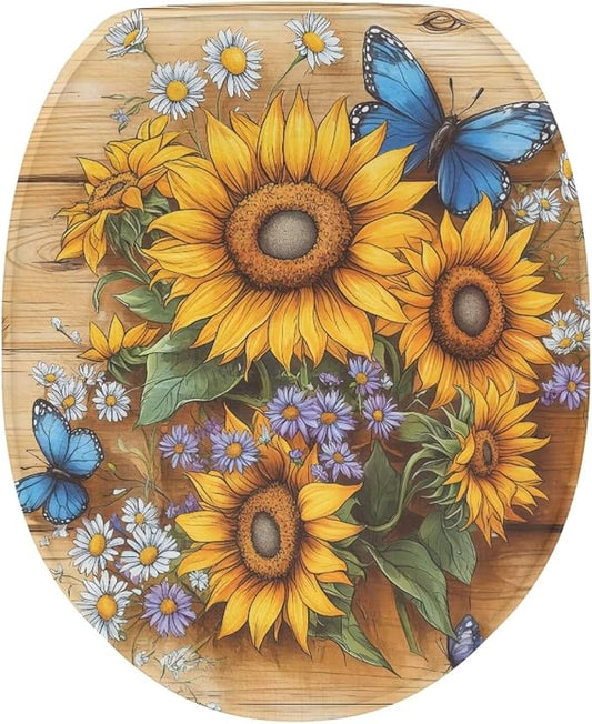 Sunflower Toilet Lid Cover Set with Elastic Band Blue Butterfly Toilet Seat Cushion Cover Replacement for Bathroom Decor Machine Washable Polyester Fabric Bathroom Covers