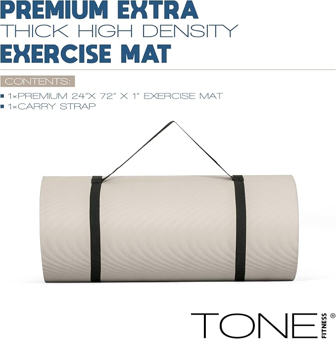 Tone Fitness 1-Inch Thick Yoga Mat | High-Density, Non-slip Exercise Mat with Carrying Strap for Yoga, Pilates, & Home Gym Workouts | Multiple Options