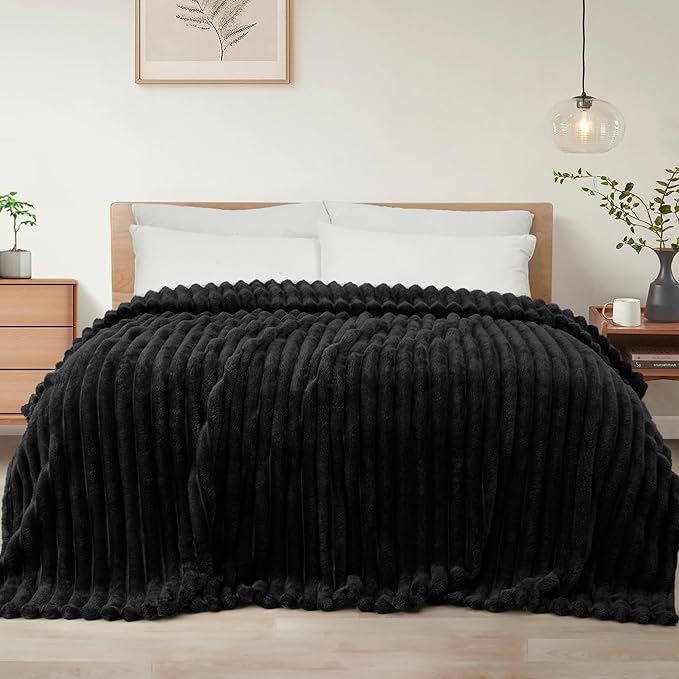 Exclusivo Mezcla Striped Queen Size Fleece Blanket for Bed, Couch, 90"x90" | Soft Breathable Cozy Bed Blankets, Lightweight Plush Fluffy Fuzzy Jacquard Decorative Blankets