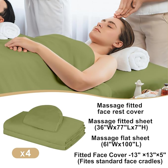 4 Sets Premium Microfiber Massage Table Sheets Set 3 Piece Set Includes Massage Table Cover Fitted Sheet and Fitted Face Rest Cover, Green
