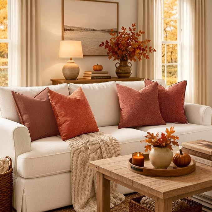 MIULEE Pack of 2 Fall Burnt Orange Euro Shams Chenille Pillow Covers 26x26 | Decorative Soft Couch Throw Pillows,Farmhouse Cushion Covers,Elegant Design for Sofa,Bed,Living Room,Summer Decor
