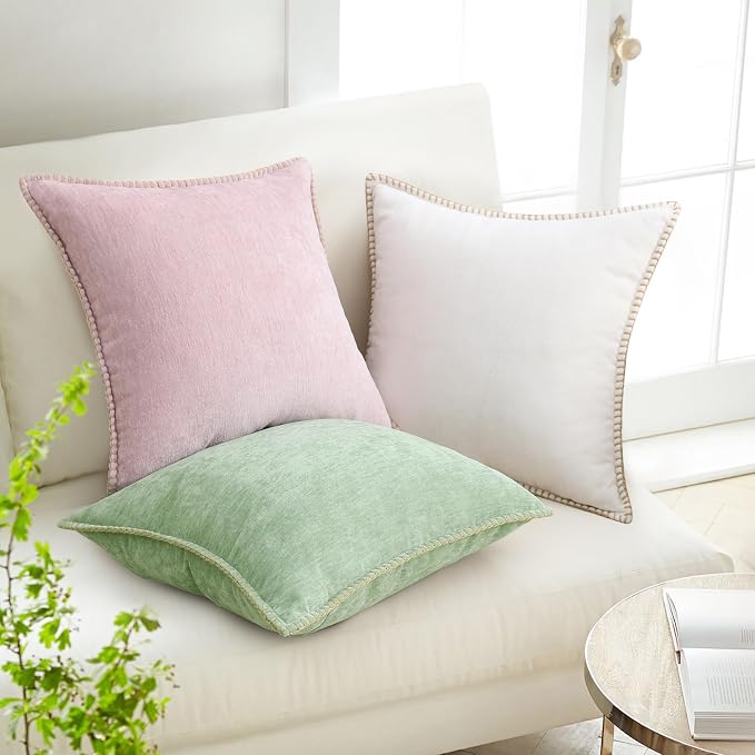 decorUhome Soft Chenille Throw Pillow Covers 22x22 Set of 2 Cream White | Fall Textured Decorative Throw Pillow Cases Stitched Edge Modern Farmhouse Luxury Boho Velvet for Couch Sofa Bed Home Decor