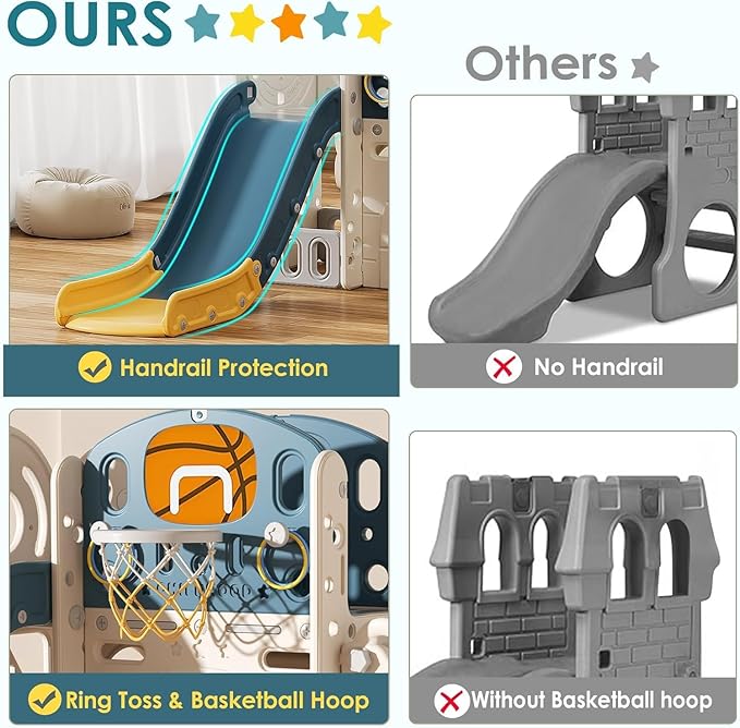 BIERUM 10 in 1 Toddler Slide with Basketball Hoop, Outdoor Slide for Toddlers Age 1-3 with Kid Playhouse, Indoor Toddler Playset Toddler Playground with Kitchen Toys Set Blue Yellow