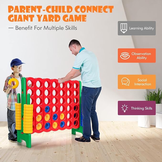 KOTEK Giant 4-in-a-Row Game Set, 3.5 Feet Tall Jumbo 4-to-Score Family Fun Game with Quick-Release Sliders & 42 Large Rings, Oversized Connect Plastic Yard Game Outdoor for Kids & Adults (Green+Red)