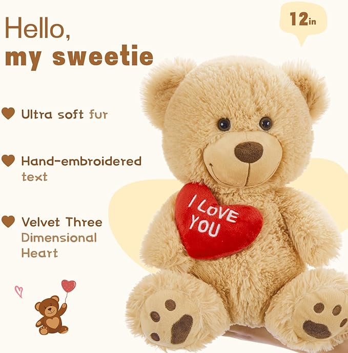 MaoGoLan Small Teddy Bear with Red Heart, 12" I Love You Valentines Teddy Bear Stuffed Animal,Velvet Red Heart Bear Gift for Kids,Girlfriend,Wife