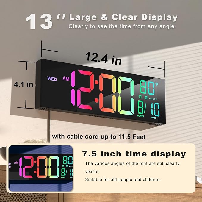 JALL 13" Large Digital Wall Mount Clock, Count Down Timer, Alarm, Big LED, 8 RGB Color, DST, Temperature for Living Room Classroom Desk, Xmas, Birthday Gift for Senior Mom Dad, Blue