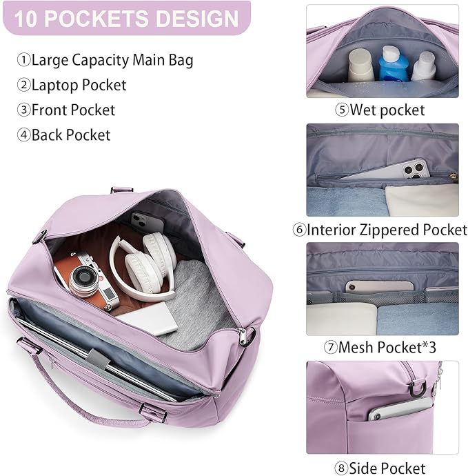 Travel Duffel Bag, Carry On Overnight Weekender Bags for Women | Travel Bag with Wet Pocket & Trolley Sleeve, For Spirit Airlines 18x14x8 Personal Item Bag