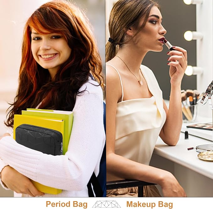 Likesing Period Bag for Girls Womens, Leather Sanitary Napkin Storage Bag, Portable Menstrual Pad Bag Period Pads Pouch, Small Make Up Bags(Black)