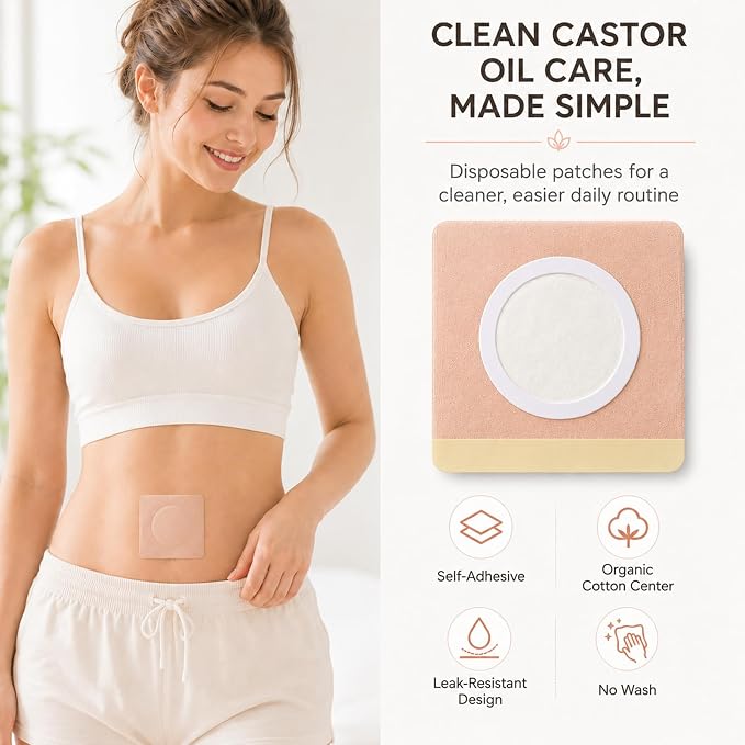 100Pcs Castor Oil Patches, Organic Cotton Castor Oil Pack Wrap Disposable Self-Adhesive Belly Button Patch Cover for Castor Oil, Mess-Free Anti Leakage No Wash Castor Oil Packs for Stomach