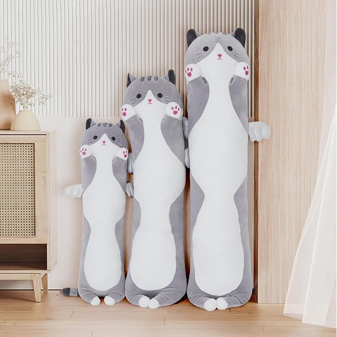 Soft Cat Plush Pillow, Grey Long Cat Stuffed Animals Soft Long Kitten Plushies Kawaii Cat Stuffed Plush Toy for Kids Girlfriend(70cm/27.5inch)