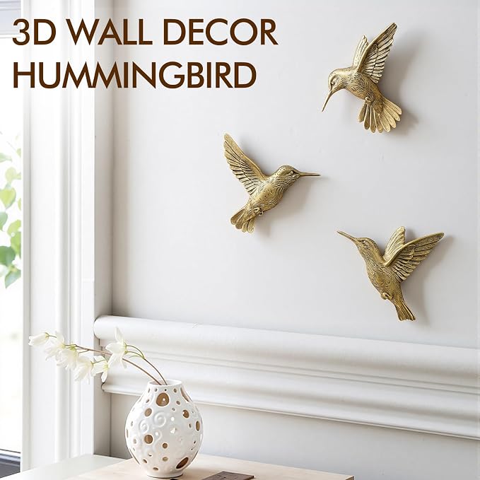 GUSFREUD 3D Hummingbird Wall Decor Set - Brass Resin Bird Wall Decor for Living Room, Bedroom and Gallery Walls - Vintage Gold - Set of 3