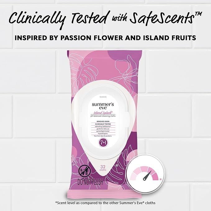 Summer's Eve Feminine Wipes, Island Splash, Vaginal Wipes, Feminine Care to Help Remove Vaginal Odor, Gynecologist Tested, 32 Wipes, Pack of 12
