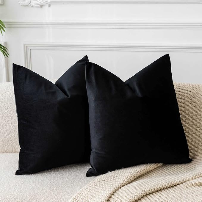 JUSPURBET 16x16 Decorative Velvet Throw Pillow Covers Cases Set of 2,Black | Modern Soft Cushion Covers Cases with Hidden Zipper for Couch Sofa Bed Living Room Bedroom Halloween Decor