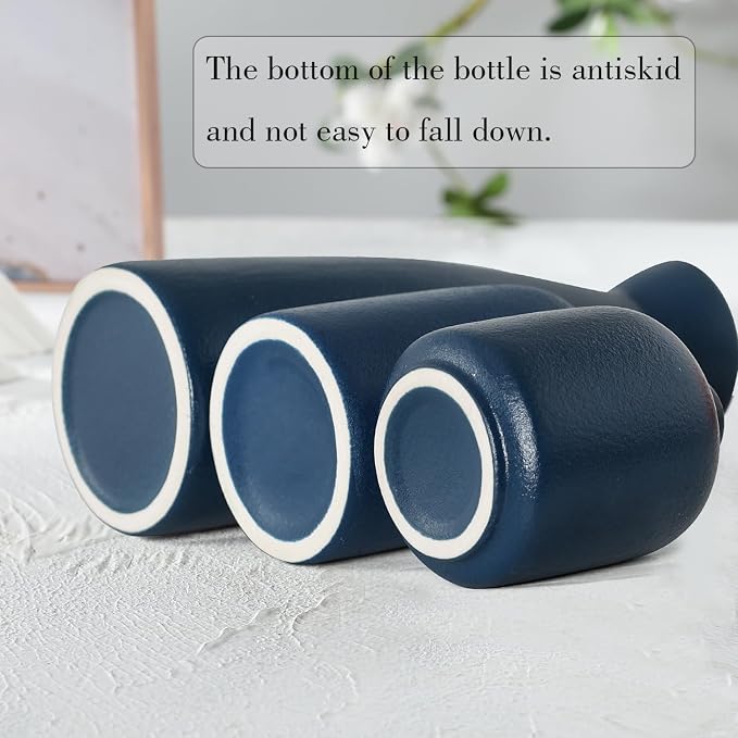 CEMABT Ceramic Blue Vases Set of 3 Small Flower Vases for Decor, Modern Rustic Farmhouse Home Decor, Decorative Vases for Pampas Grass,Idea Shelf,Table,Bookshelf,Entryway- Distressed Decor