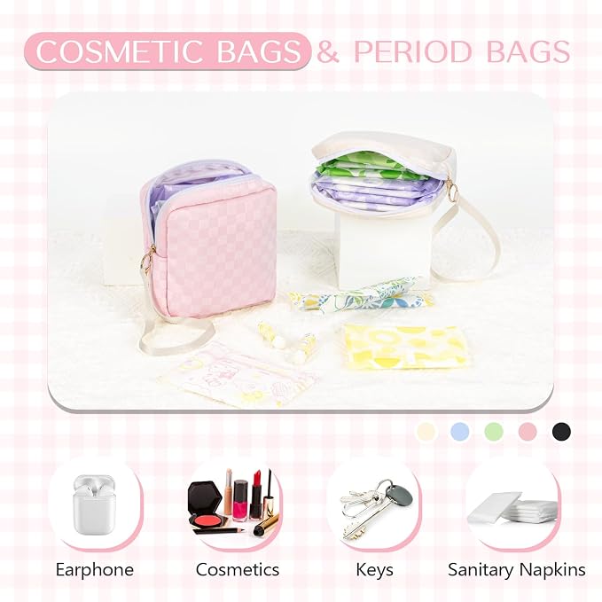 Likesing Tampon Holder for Purse, Upgraded 5.3" Checkered Period Bag, Sanitary Napkin Storage Bag with Wrist Strap for Girls Women, Thickened Portable Period Pad Pouch(Beige)