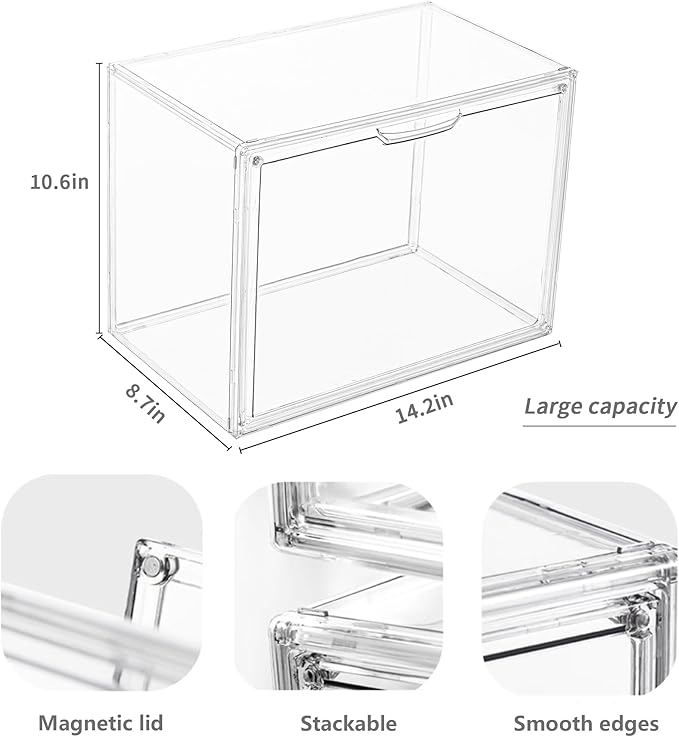 Clear Acrylic Display Case, Stackable Plastic Storage Bins with Magnetic Attraction Lid, Showcase for Cosmetic, Large Figures Collectibles, X-Large