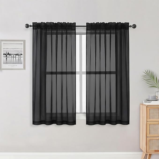 OWENIE Sheer Black Curtains 84 Inch Length 2 Panels Set for Living Room Bedroom, Rod Pocket Voile Sheer Panel Drapes, Black, 2pcs, Each 42" W x 48" L