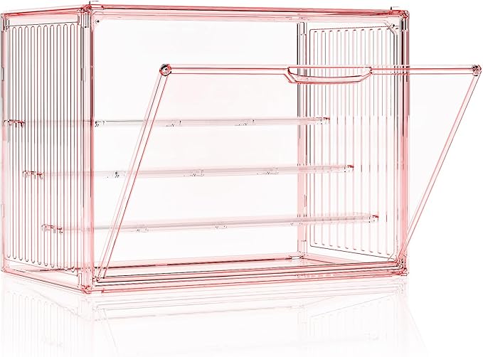 Clear Pink Acrylic Figure Display Case for Collectibles 4 Layer Hobby Figurine Display Shelf Cases Stackable Display Boxes with Shelves for Pop Mart, Action Figures, Model, 1 Pack