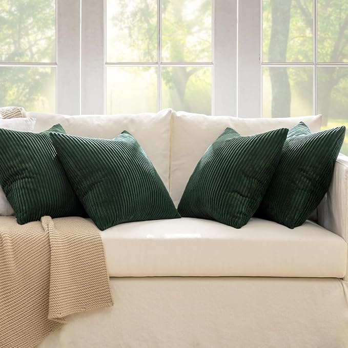 MIULEE Soft Corduroy Decorative Throw Pillow Covers Army Green 18x18 | Set of 4, Mordern Nordic Christmas Decor, All Same Color Set, Boho Farmhouse Cushion Covers for Couch Bed Sofa Living Room