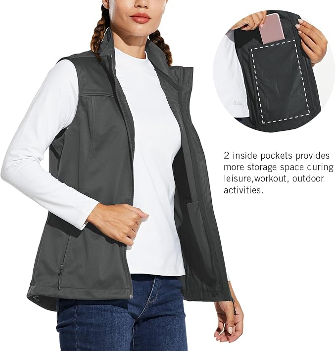 baleaf Women's Lightweight Running Vest Sleeveless Softshell Jacket | Windproof; Breathable; Water Resistant; 2 Zipper Pockets; Stand Collar; Great for Running, Hiking, Camping and Travelling