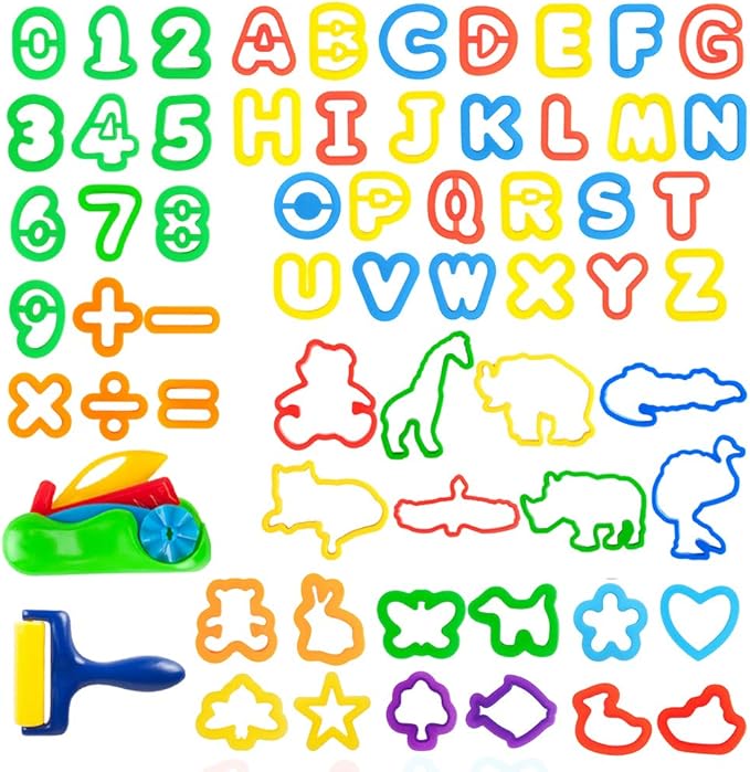 Kids Letter Molds Tools Set，Numeral Various Plastic Animal Molds for Creative Cutting (63 Pieces)