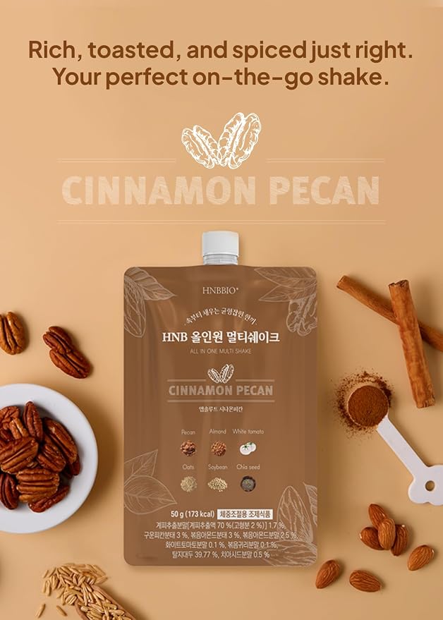 Korean Food All-In-One Multi Shake, Cinnamon Pecan, Fiber, 7 Pack, 350g | Cinnamon pecan-flavored powder blend with dietary fiber in convenient individual packs