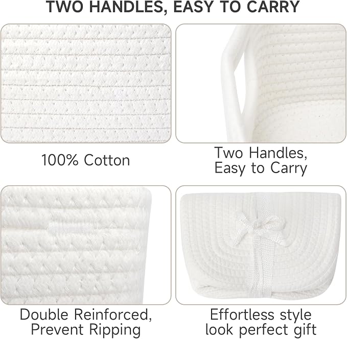 3 Pack Storage Baskets for Organizing, 13.7×9.5×6.3", White | Woven Baskets for Shelves, Cotton Rope Basket for Gifts Empty, Closet Organizer Bins with Handles, Cube Decorative Box