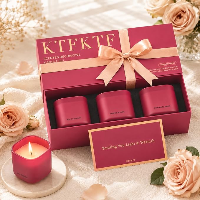 Scented Candle Gift Set for Women,3 Pack 4.2oz Natural Soy Wax Candles, Apple Cinnamon, Pumpkin Nutmeg & Cedarwood Amber, Long Lasting Aromatherapy Candles for Home, Birthday Holiday Gifts