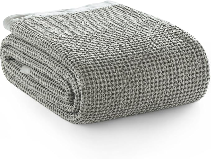 PHF Stone Washed 100% Cotton Waffle Blanket, Vintage Deep Honeycomb Texture, Breathable Thermal Blanket for Bed & Home Decor, All Season Layering - Queen, Frosted Grey