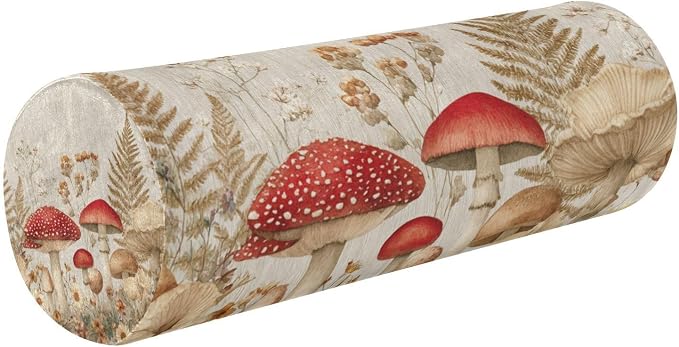 Watercolor Forestm Mushroom Beige Neck Roll Pillow Bolster Round Health Memory Foam Long Cervical Cylinder Pillows with Removable Washable Cover for Body Bed Legs Back Yoga