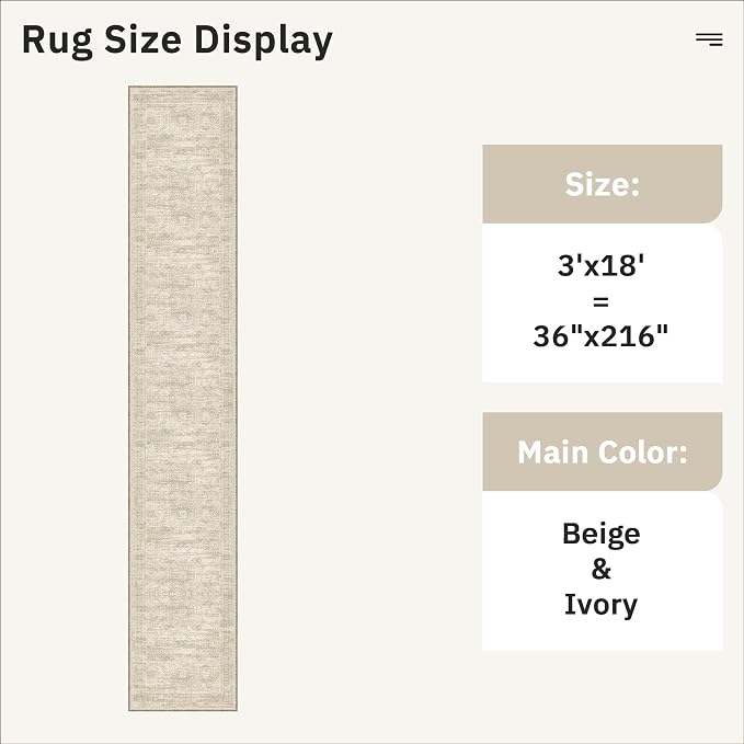 Soalmost Washable 3x18 Hallway Runner Rug Non-Slip Kitchen Entry Rugs Beige | Vintage Extra Long Runners 18ft for Bathroom Entryway, Foldable Low-Pile Wide Floor Carpet for Corridor Living Room Bedroom