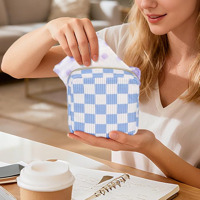 Checkered Period Bag for Teen Girls, Corduroy Sanitary Napkin Storage Bag with Ring Buckle, Cute Menstrual Pad Pouch Tampon Holder for Purse (Checkered-Khaki)