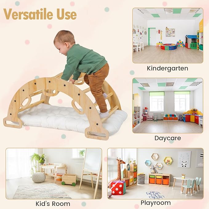 Costzon Wooden Rocking Climbing Arch w/Cushion, 3-in-1 Montessori Kids Climber Rocker for Toddlers, Playground Climbing Ladder Toy, Indoor Gym Learning Playset for Boys Girls Ages 1+ (Wood Color)