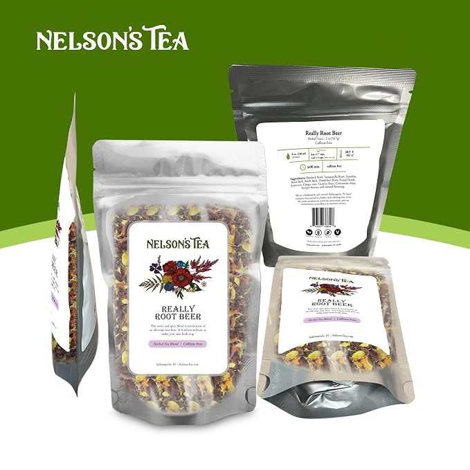 Nelson's Tea Really Root Beer - Cut & Sifted Sarsaparilla Root Tea Loose Leaf - Caffeine Free, Classic Herbal Blend with Burdock, Birch Bark, Dandelion, Licorice, Ginger and More (4 oz)