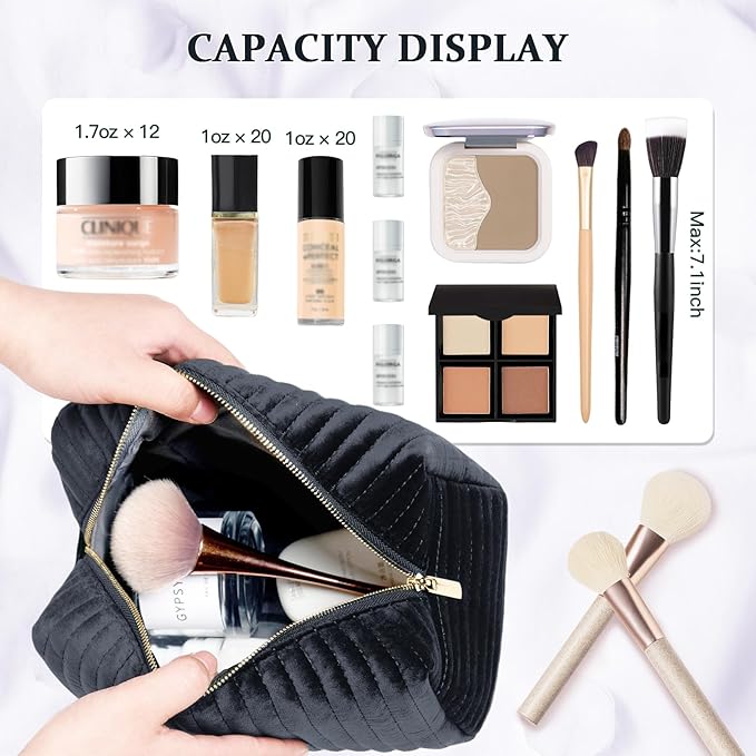 COSHAYSOO Travel Makeup Bag Quilted Make Up Pouch Initial Cosmetic Case with Butterfly Decorations for Women Compact Mirror Traveling Size Beauty Tools Accessories Organizer Black Velvet Letter J
