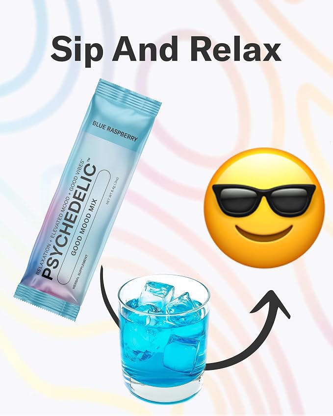 Psychedelic Water Calming Kava Drink Mix (14x5.5g) Flavored Kava Powder - Calming Drink Powder Packets - Easy Open Single Serving Drinks - 14 Calm Packets - Blue Raspberry