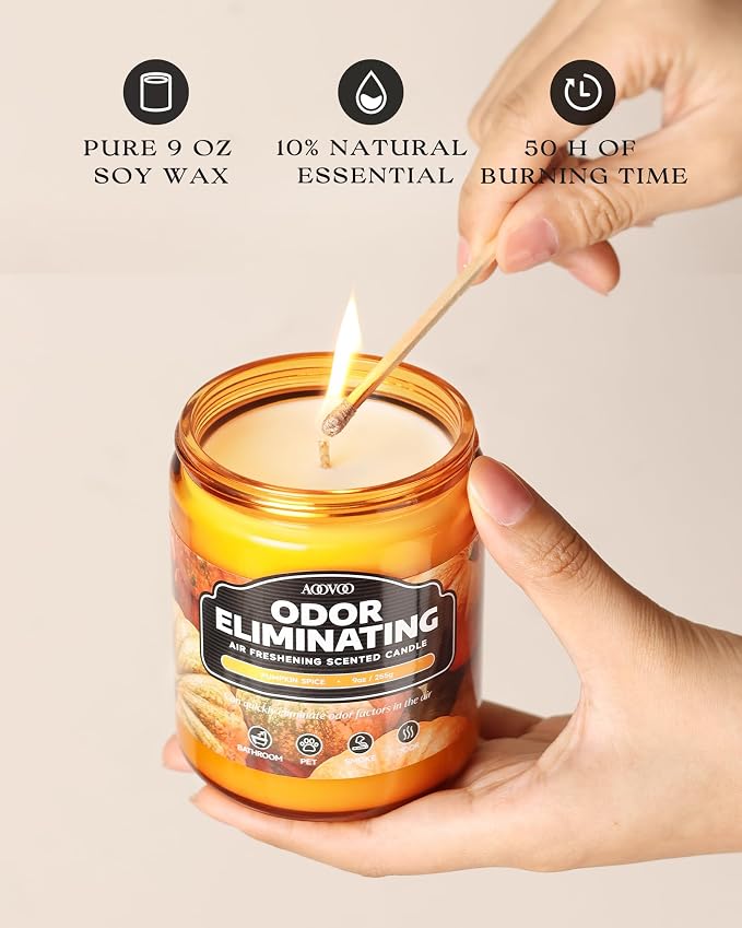 AOOVOO Pumpkin Spice Odor Eliminating Highly Fragranced Candle - Eliminates 95% of Pet, Smoke, Food, and Other Smells Quickly, Non Toxic Air Freshing Soy Candle, 9 oz Up to 50 Hours Burn time