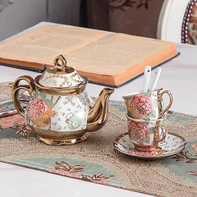 CHANJOON Gold Plated Red Rose Ceramic Tea Set, Vintage Tea Sets with Teapot, Beautiful Tea Set Coffee Serving 6 People (Golden, large)