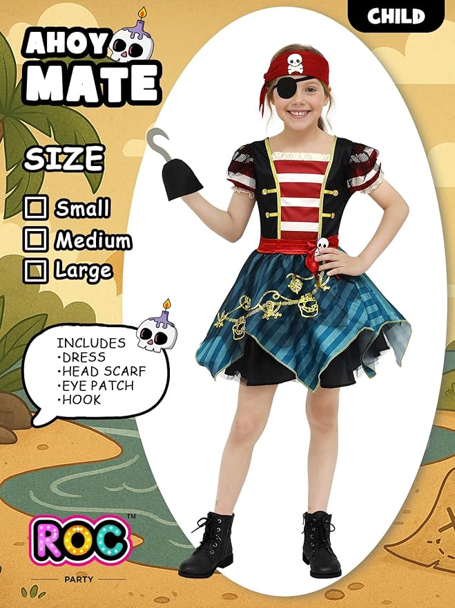 Halloween Pirate Costume Kids Girls - Pirates Outfit Set with Accessories for Pretend Play Dress Up Themed Party