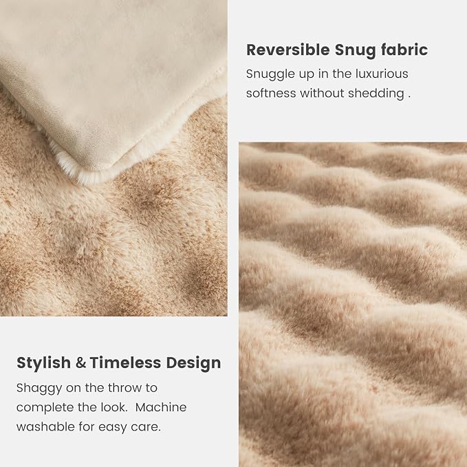 Cozy Bliss Faux Fur Throw Blanket for Couch, Bubble Plush Blanket King Size, Fuzzy Soft & Thick Blanket for Bed Sofa Living Room, 108x90 Inches Beige