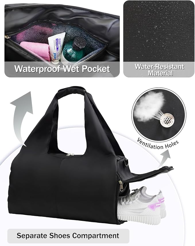 RHDZO Gym Bag for Women with Shoe Compartment Yoga Mat Bag with Wet Pocket and Water Bottle Holder Weekender Bag with Strap
