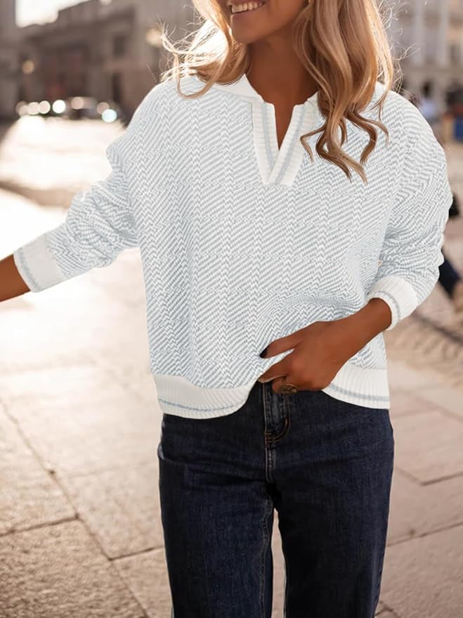 Saodimallsu Womens Fall Sweaters Tops Lapel V Neck Knit Color Block Shirt | Winter,Long Sleeve,Casual,Soft,Pullover,Cozy,Ribbed,Ladies,Chunky,Warm Sweaters,Checkered,Tunic,Work