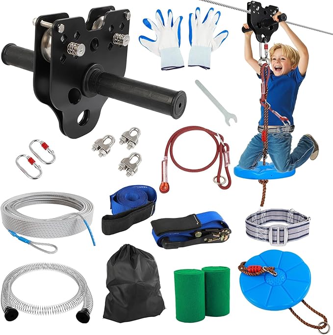 FAHKNS Zip Line Kit for Kids Adults: 60FT Up to 400 lbs - Updated Removable Design Trolley,Thickened Seat,Safety Harness,Quick Tighten Zipline Kits for Outdoor Backyard