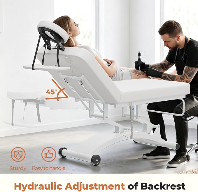 Paddie 550lbs Hi-Lo Electric Massage Table Professional, White | Hydraulic Adjustable Backrest, Adjustable Face Cradle, Rolling Wheels