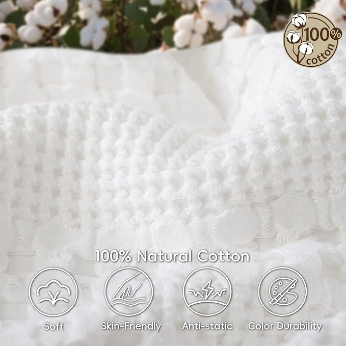 PHF 100% Cotton Waffle Weave Blanket Queen Size, Lightweight Breathable Summer Blanket for Hot Sleepers, Pre-Washed Soft Layer for Bed, Couch, Aesthetic Home Decor & Gift, 90"x90", White
