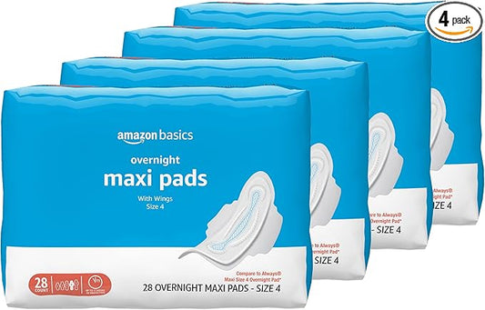 Amazon Basics Thick Maxi Pads with Wings for Periods, Overnight Absorbency, Feminine Pads, Unscented, Size 4, 112 Count (4 Packs of 28)
